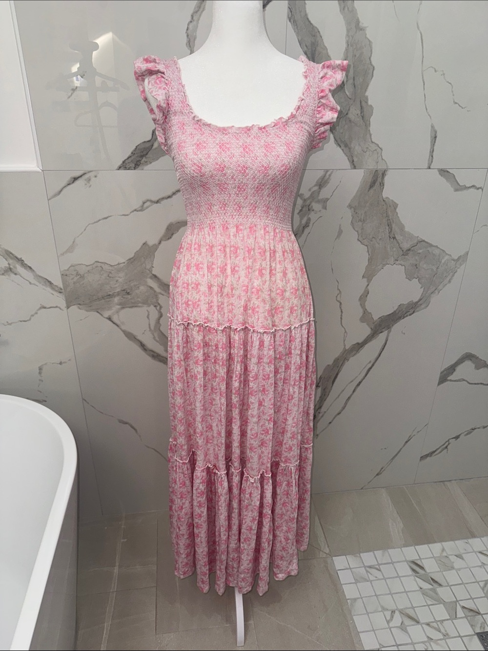 LoveShackFancy Chesie Pink Floral Smocked Maxi Dress Ruffle Straps Rosebud Print - Picture 3 of 10